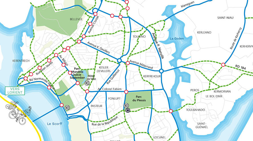 Carte se déplacer à vélo à Lanester - 2024