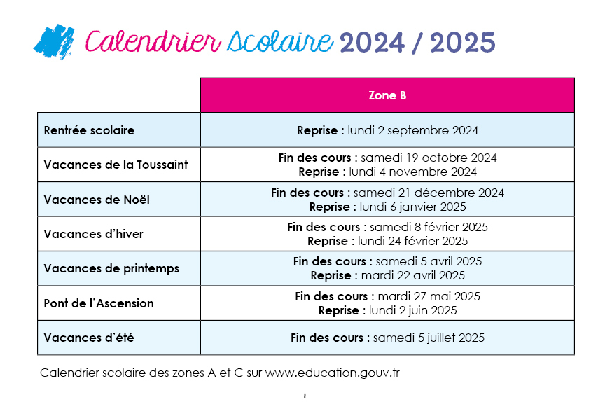 Calendrier scolaire et tarifs 2023-2024