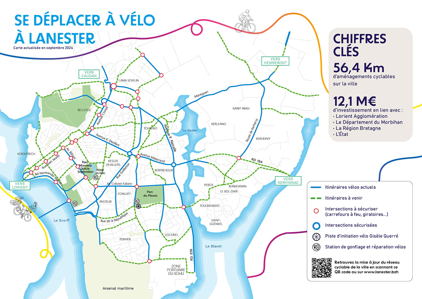 Carte se déplacer à vélo à Lanester - 2024